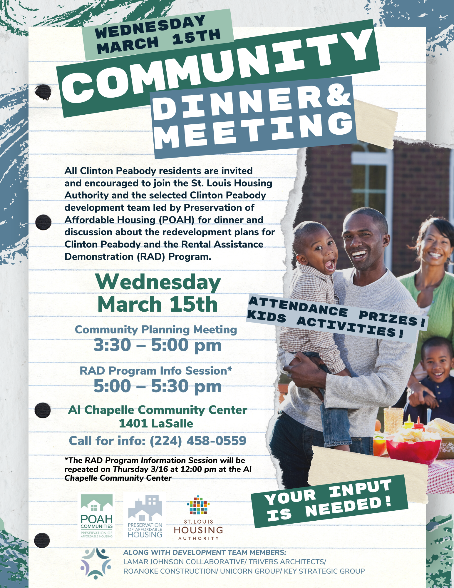 Community Meeting Wednesday March 15th
3:30pm-5:30pm
Al Chapelle Community Center
1401 LaSalle